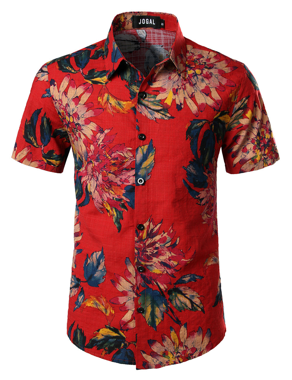 Jogal Mens Flower Casual Button Down Short Sleeve Hawaiian Shirt Red