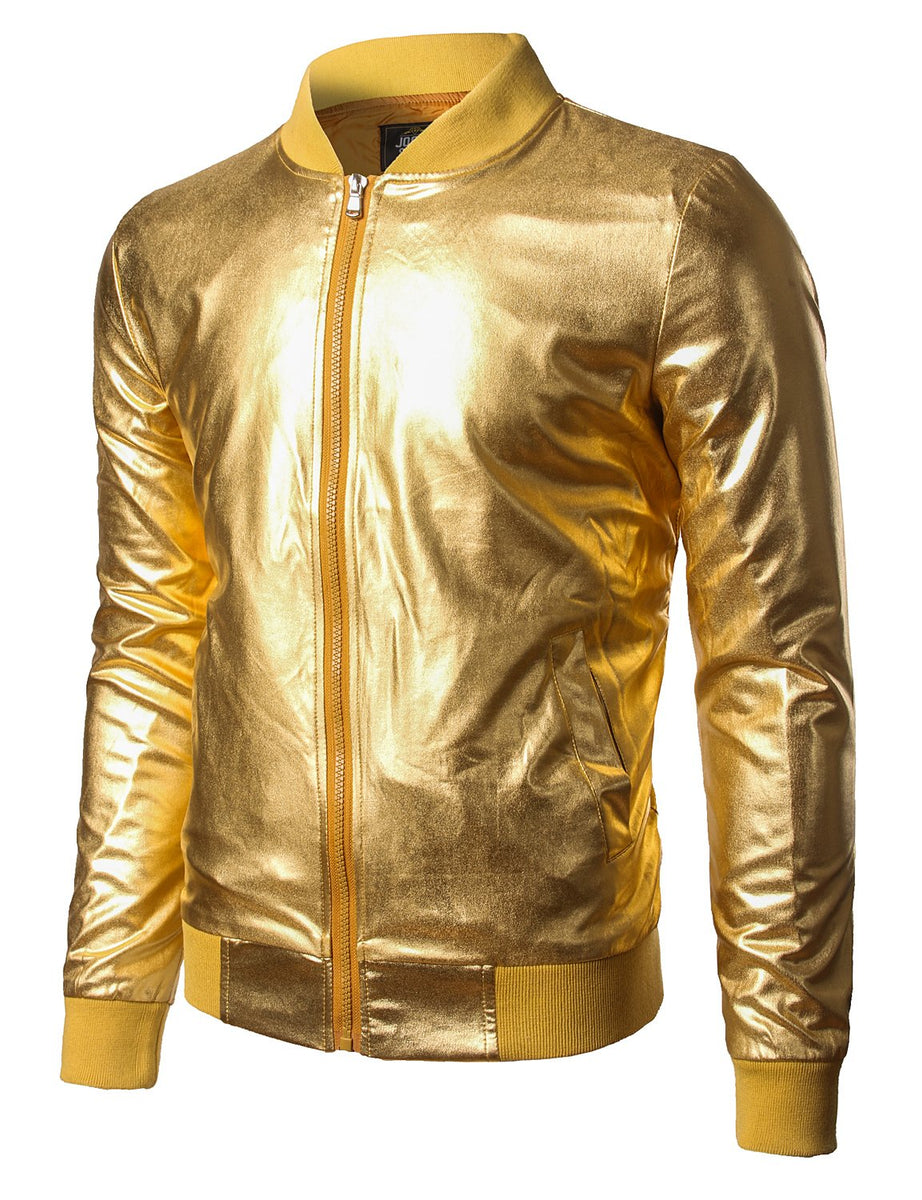 hongqiantai Men's Gold Jacket Metallic Zip-up Varsity Baseball Bomber Jacket  Golden L : : Clothing & Accessories