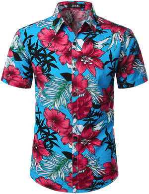 JOGAL Men's Flower Short Sleeve Button Down Hawaiian Shirt WhiteLotus / L